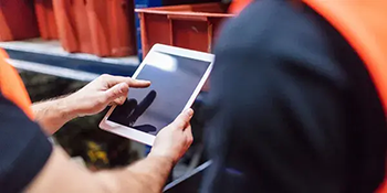 Professional Services operatives inspecting a tablet display