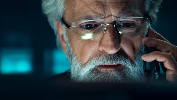 Middle-aged business professional staring worriedly at a digital display while speaking on a mobile device in a dimly-lit modern office space